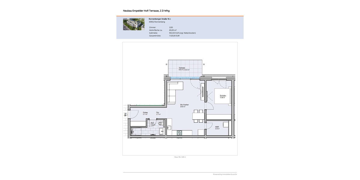 Terrassenwohnung Ronnenberg - 2 Zimmer, 65 m&sup2;, 902&euro; | Angebot:25783980