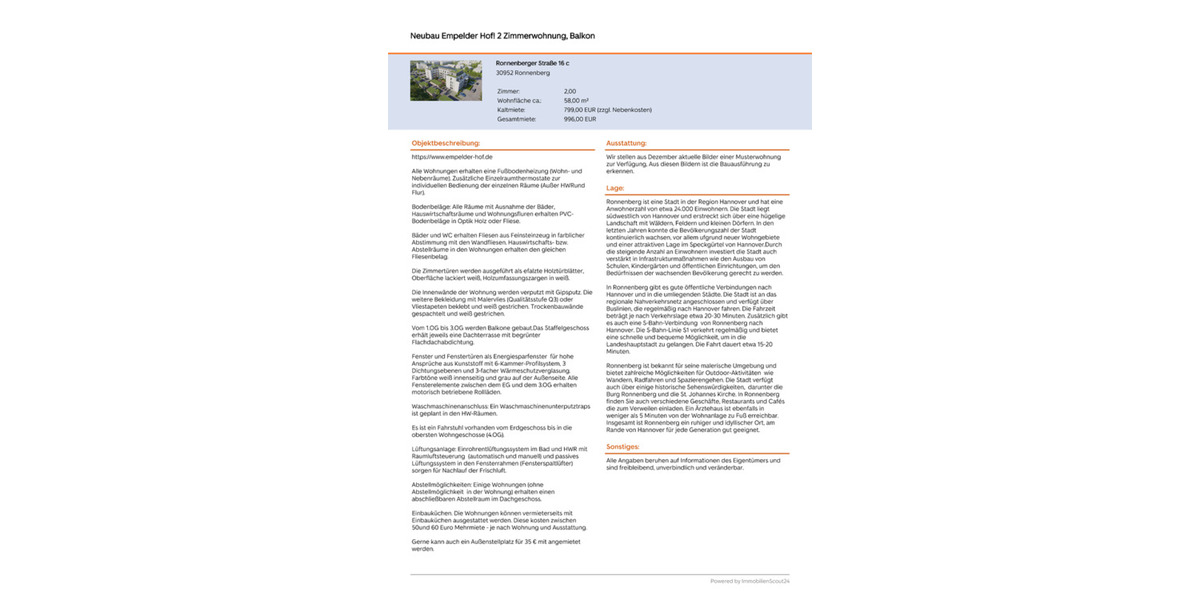 Etagenwohnung Ronnenberg - 2 Zimmer, 58 m&sup2;, 799&euro; | Angebot:25783981