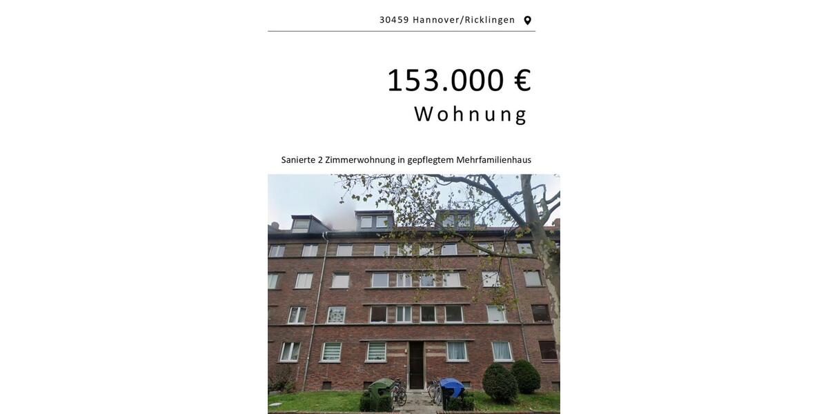 Etagenwohnung Hannover Ricklingen - 2 Zimmer, 44 m&sup2;, 153.000&euro; | Angebot:25810283