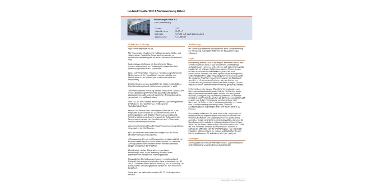 Etagenwohnung Ronnenberg - 3 Zimmer, 78 m&sup2;, 1.075&euro; | Angebot:25783979