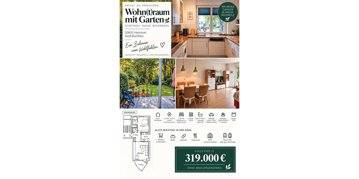 Erdgeschoßwohnung Hannover Buchholz-Kleefeld - 2 Zimmer, 65 m&sup2;, 319.000&euro; | Angebot:27463930