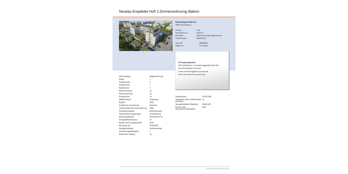 Etagenwohnung Ronnenberg - 2 Zimmer, 58 m&sup2;, 799&euro; | Angebot:25783981