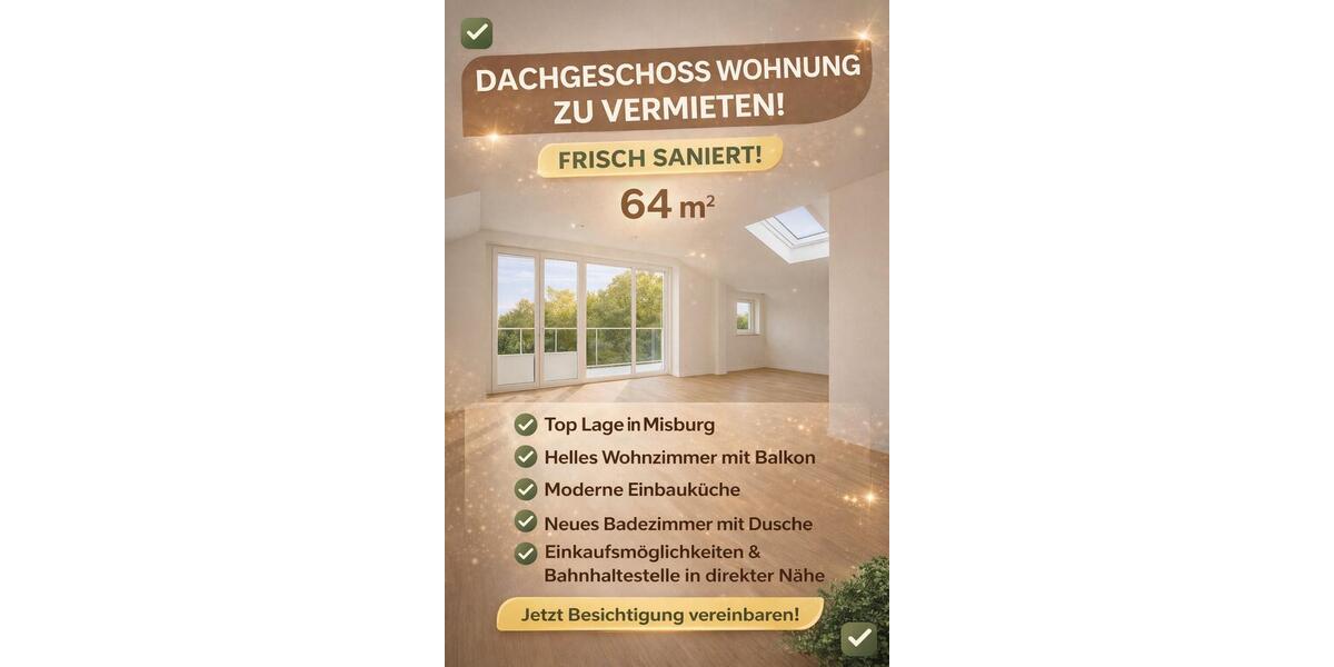 Dachgeschoßwohnung Wunstorf - 2 Zimmer, 64 m&sup2;, 740&euro; | Angebot:25139697